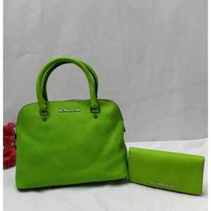 Michael Kors Green Leather Domed Zipper Closure Satchel With Marching Wallet